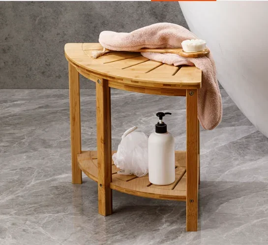 Japanese Simple Bathroom Stool Fan-shaped Double-layer Bathroom Table Multi-functional Storage Shelf Bamboo Household Items