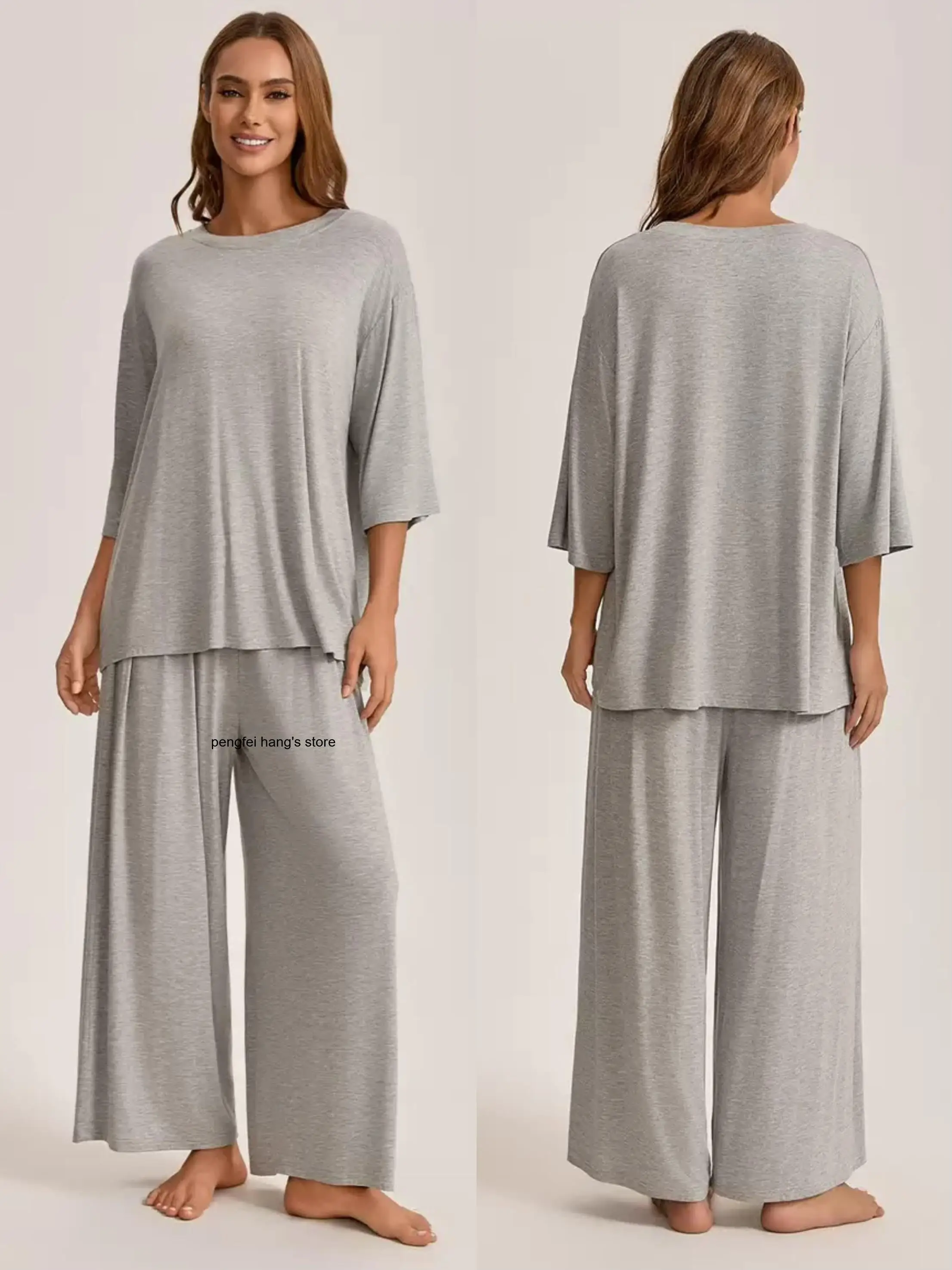 2026 New Spring Autumn Women Solid Color Pajamas Loose Plus Size Crew Neck Five Sleeve Homewear Comfortable Modal Loungewear
