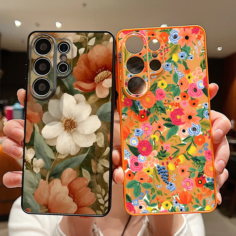 Colored Flower Printed Magnetic Phone Case For Samsung Galaxy S26 S25 S24 S23 Ultra S25 FE A57 A56 A37 A17 A55 A16 A36 A15 Cover