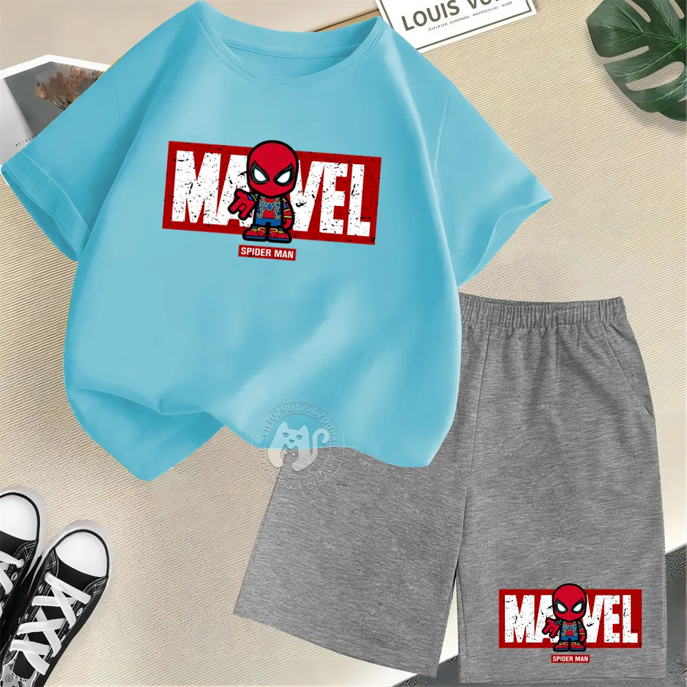 Superhero Kids Set 100% Cotton T-shirt Mini Spiderman Print Short Sleeve T-shirt + Shorts Stylish casual Boys & Girls set