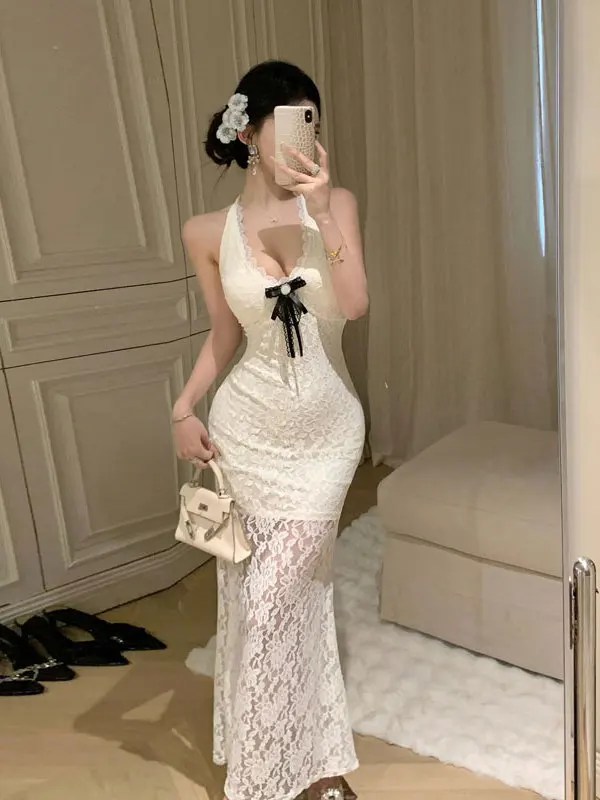 

Сексуальное кружевное платье с вырезом халтер и силуэтом «рыбий хвост», уникальное и красивое, новинка весенне-летнего сезона, женское модное платье с завышенной талией
