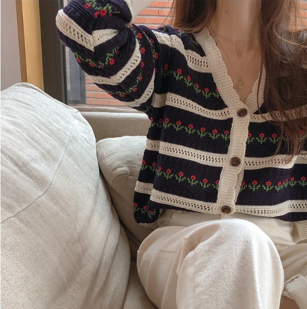 Cottagecore Sweater Floral Striped Textured Knit Button Front Cardigan Jacket for Women Autumn Winter Vintage Outfit