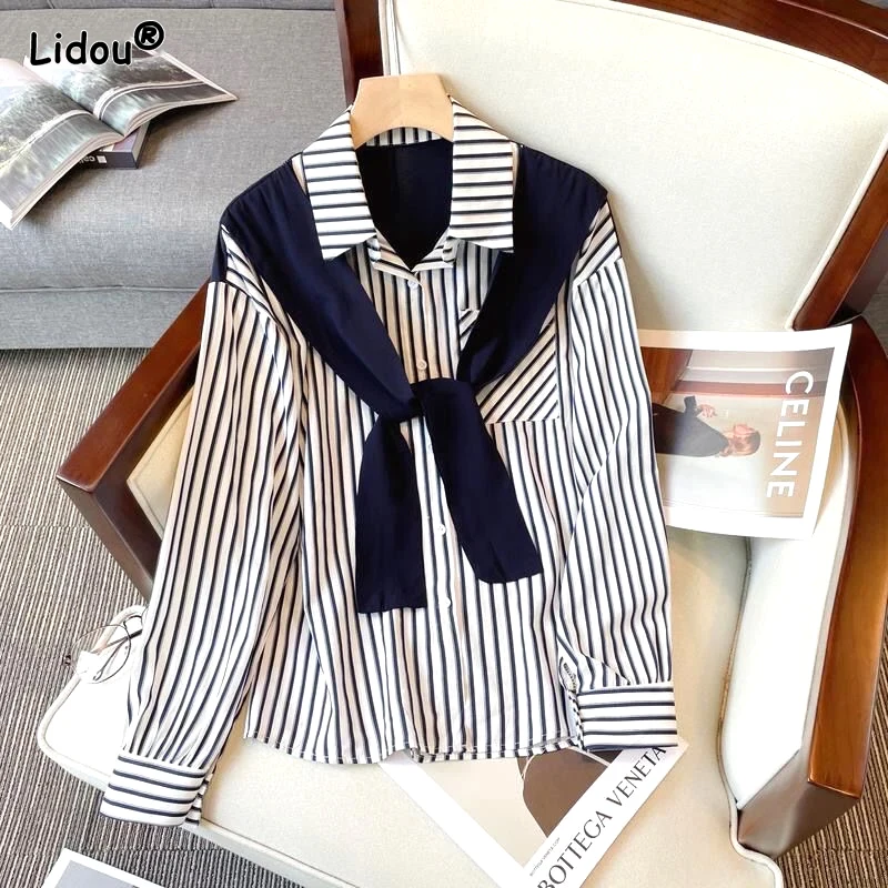 

Women's Autumn Korean New Polo Neck Shirt Commuter Fashion Stripe Button Pocket Cloak Spliced Casual Versatile Long Sleeved Tops