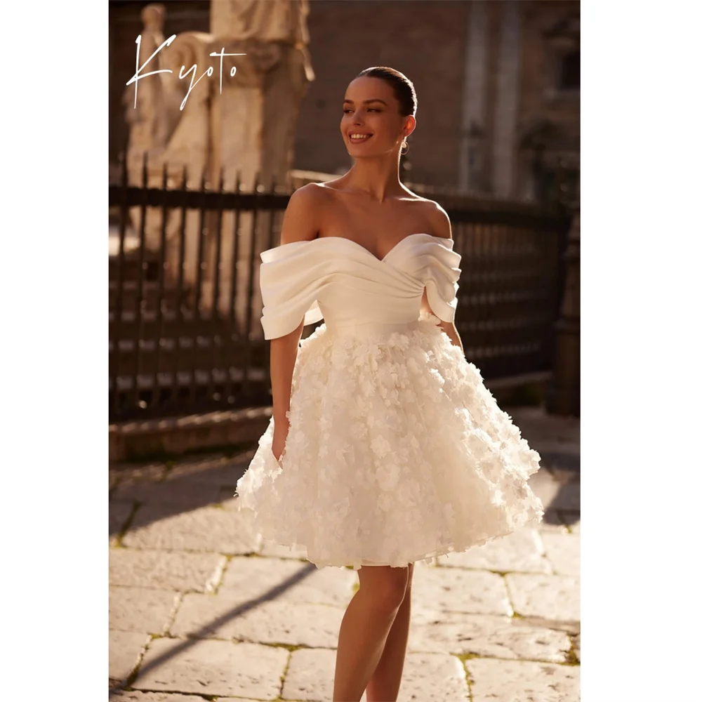 

Kyoto индивидуальное мини-свадебное платье цвета слоновой кости с изысканными цветами, плиссированное платье с открытыми плечами, платье на шнуровке после вечеринки, 2025 г.