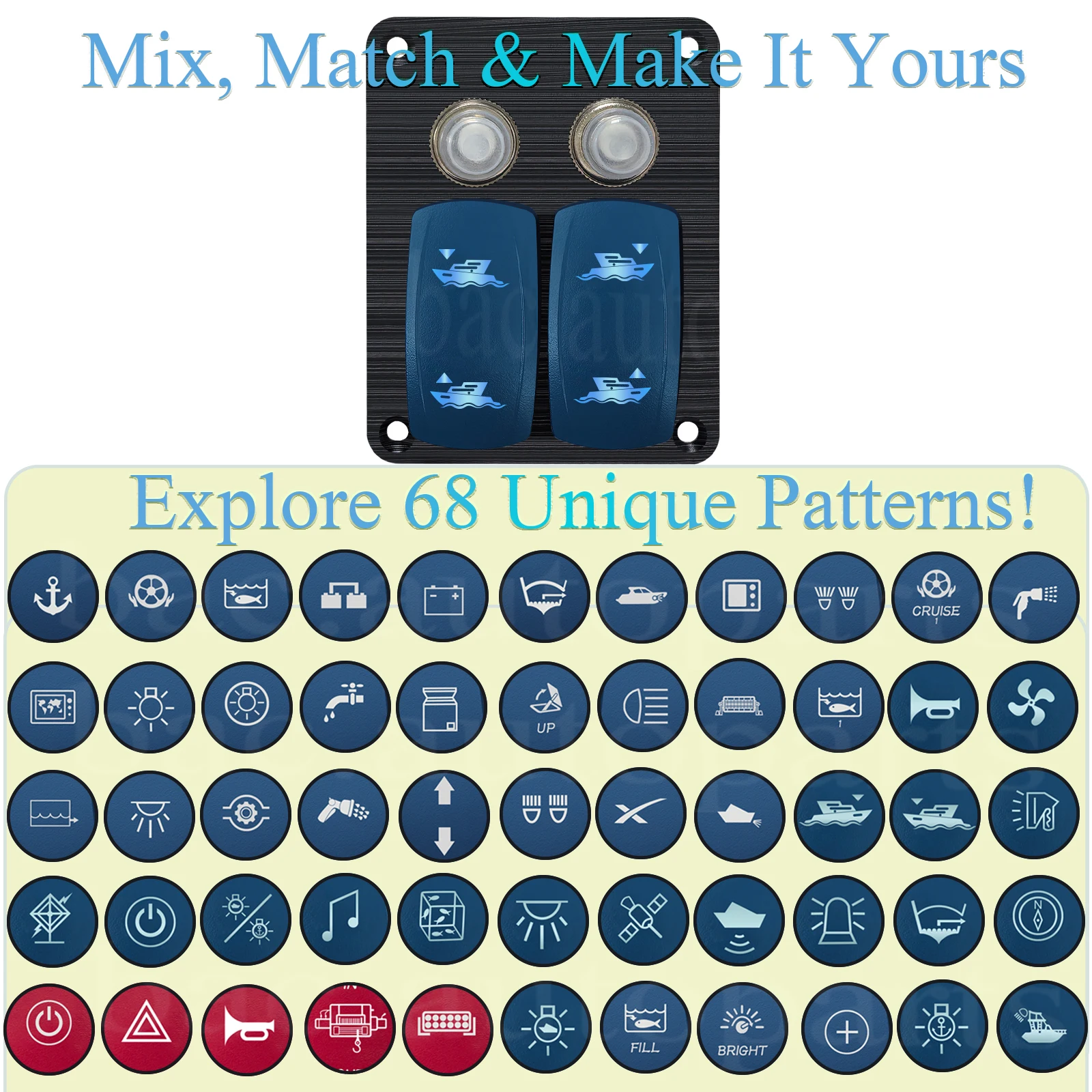 Fully Customizable 2G Rocker Switch Panel Kit Design Your Own for Winch Linear Actuator Trim Tabs 12V/24V Waterproof Pre-wired