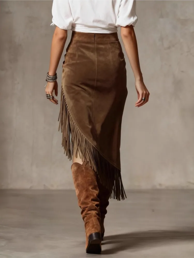 Vintage Tassel Suede Skirt Women High Waist A-Line Irregular Midi Chic Skirts Elegant Fashion Streetwear Patchwork Casual Skirt