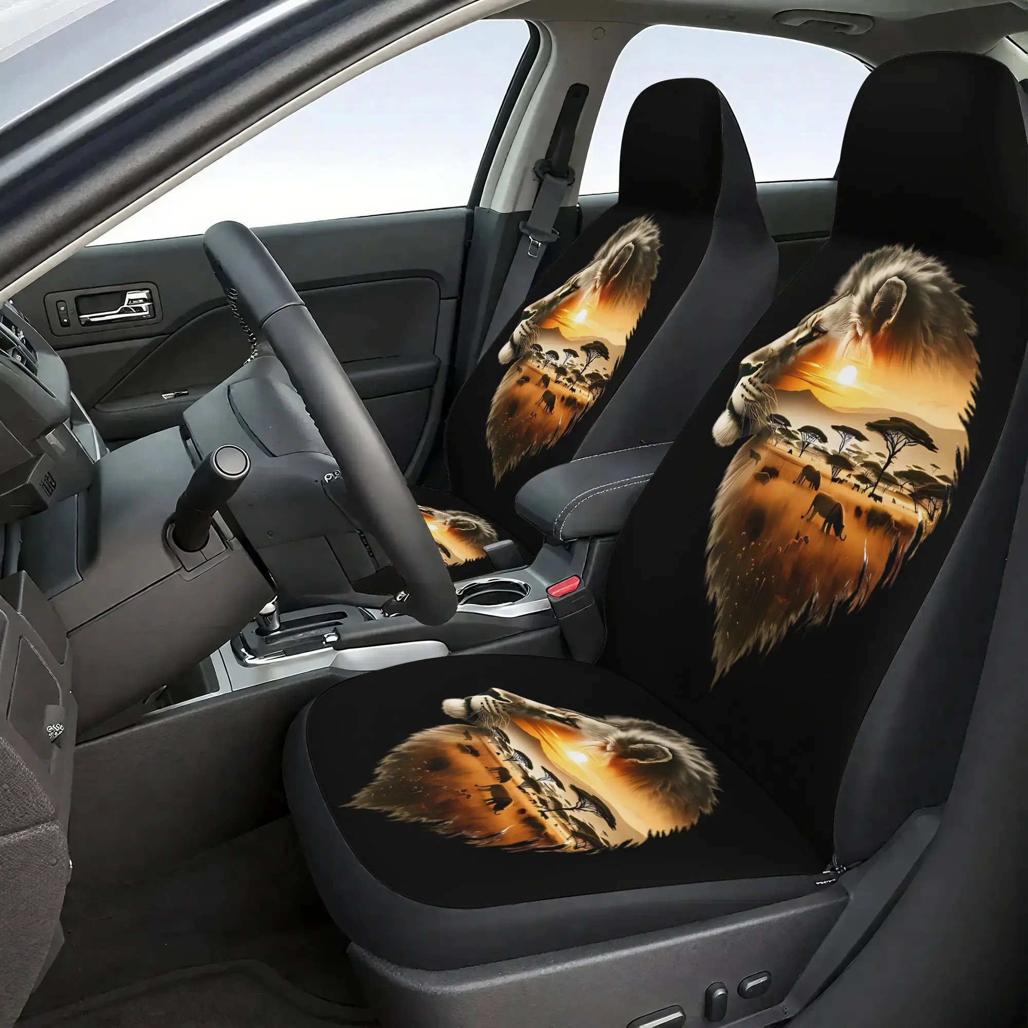 7pcs Set Lion Silhouette Car  Covers Set - Including 2 Front  Covers + 1 Rear  Back Cover + 1Rear  Cover + 3 Car