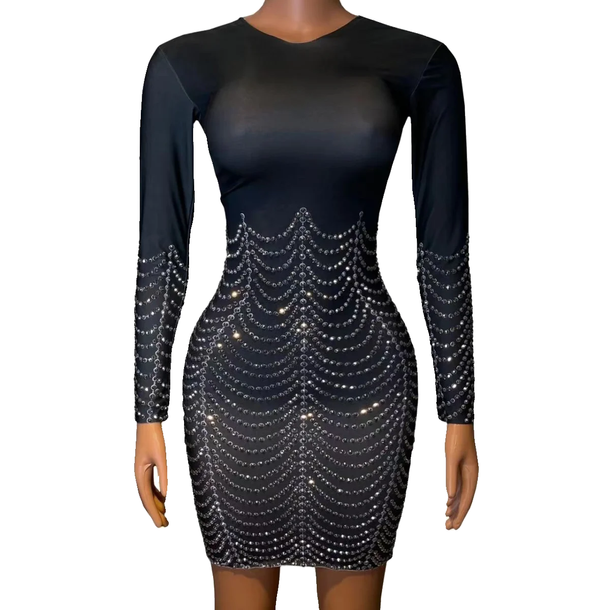 Abito con strass Cantante Performance Wear Donna Nero Manica lunga Festa di compleanno Abiti da festival Costume da drag queen VDB7953