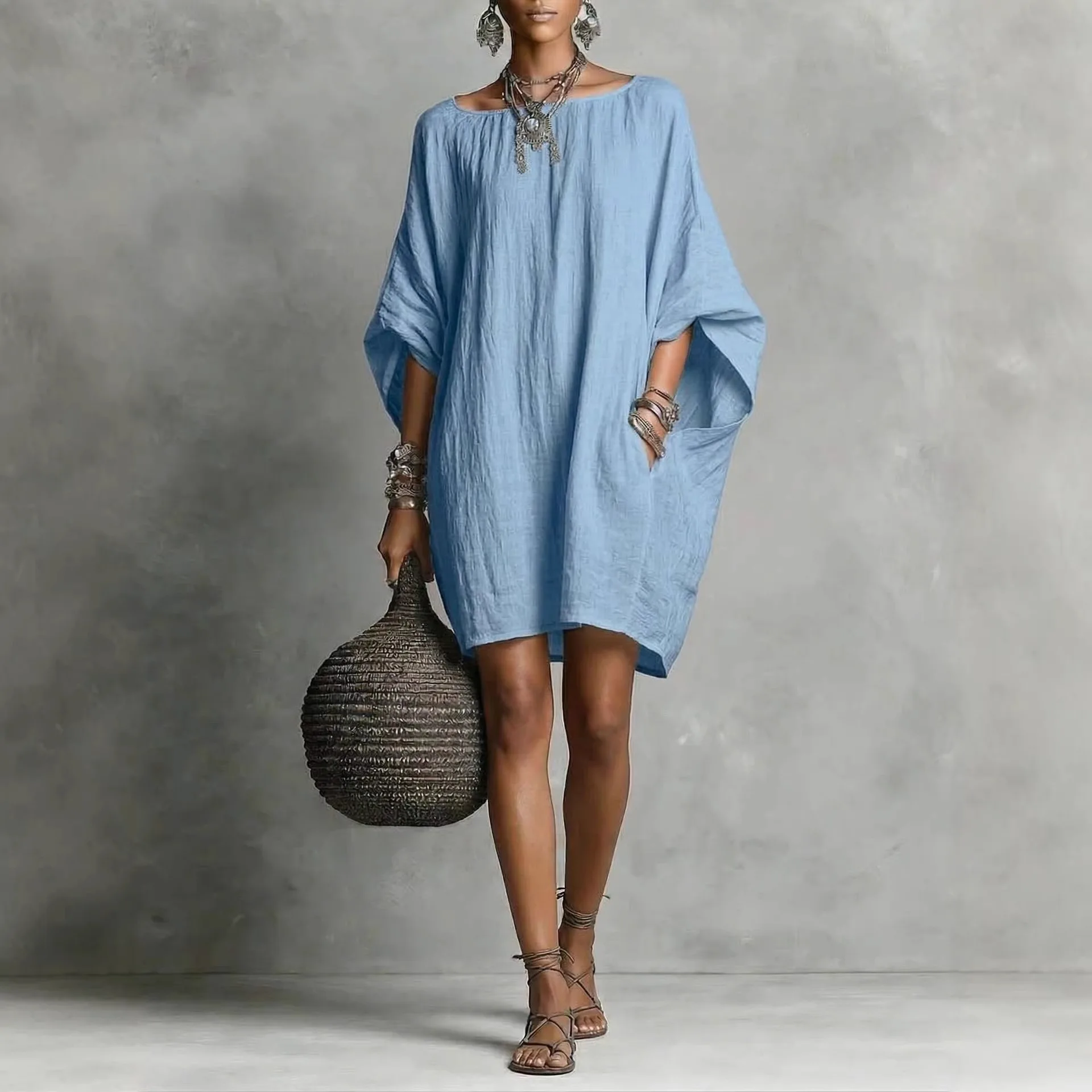 

2026 summer new casual and fashionable imitation cotton and linen bat shirt loose dress