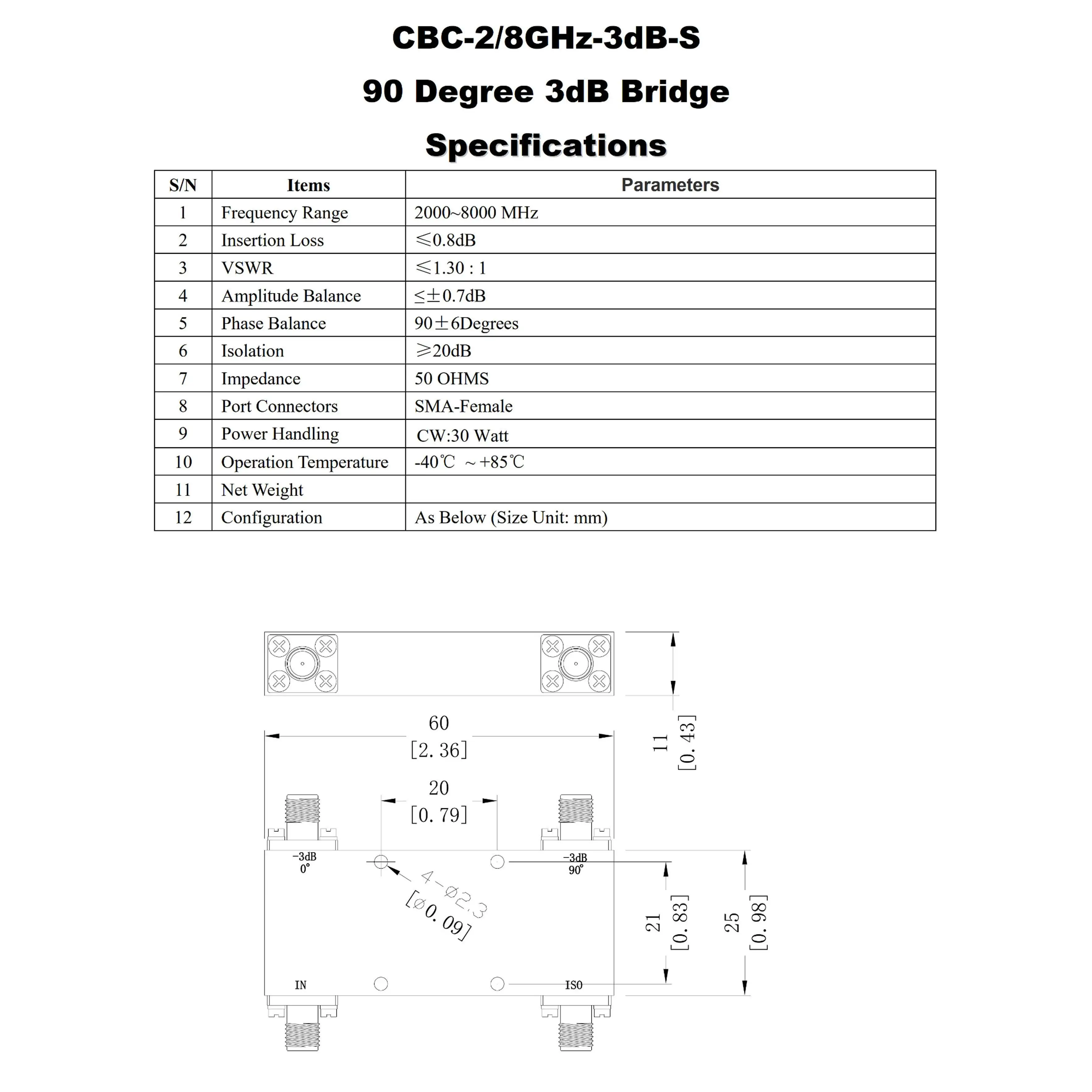 CBC-2/8GHz-3dB-S 2-8GHz 30W SMA RF 90 Degree 3dB Bridge Coupler