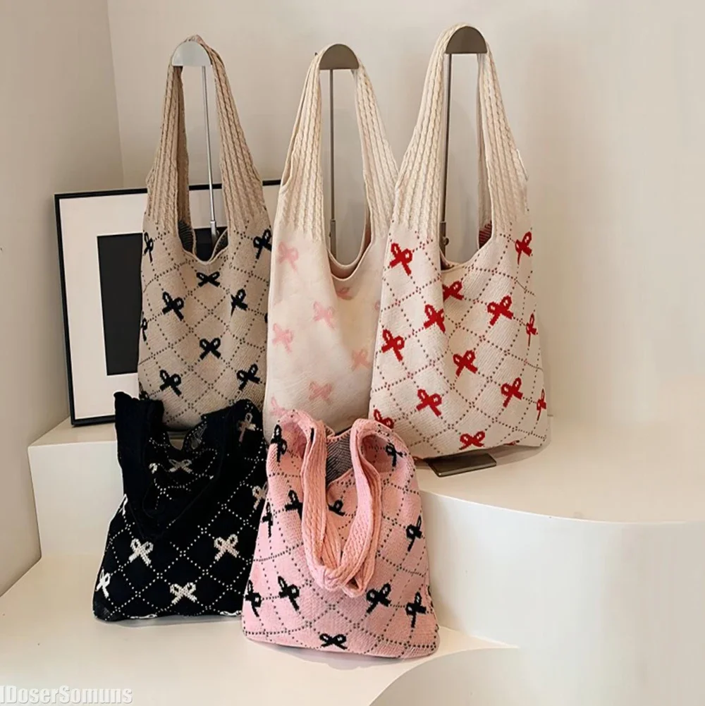 Knitting Bag Fashion Ladies Summer Bow Tie Personalized Large Capacity Shoulder Handmade Woolen Knitting Armpit Knitting Bag