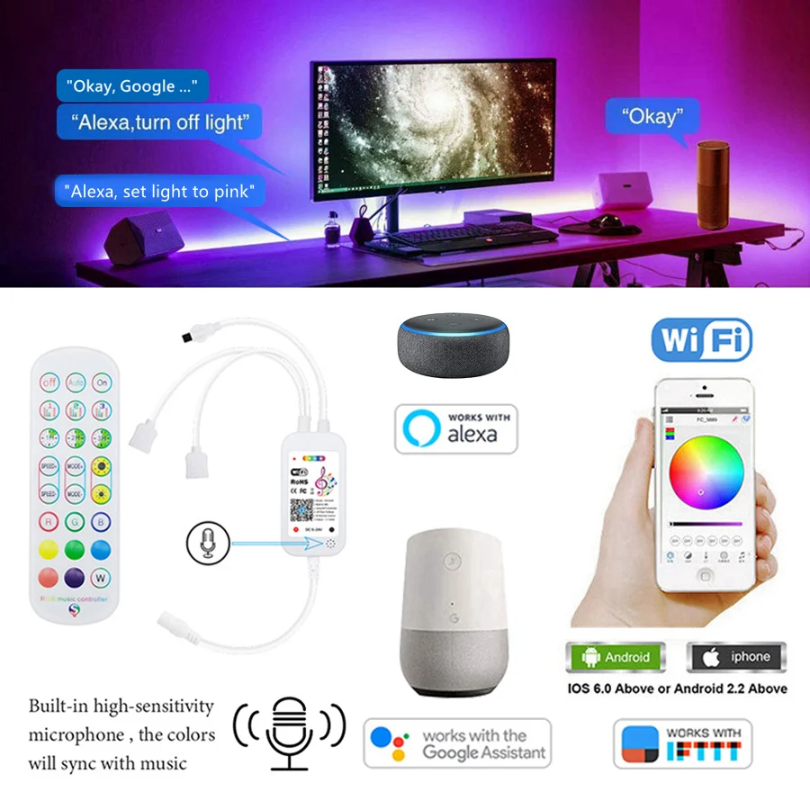 WiFi LED Strip Lamp, RGB Tape, Works with Alexa, Music Neon Ribbon, Flexible Christmas Decor Lights, 5m, 10m, 12V