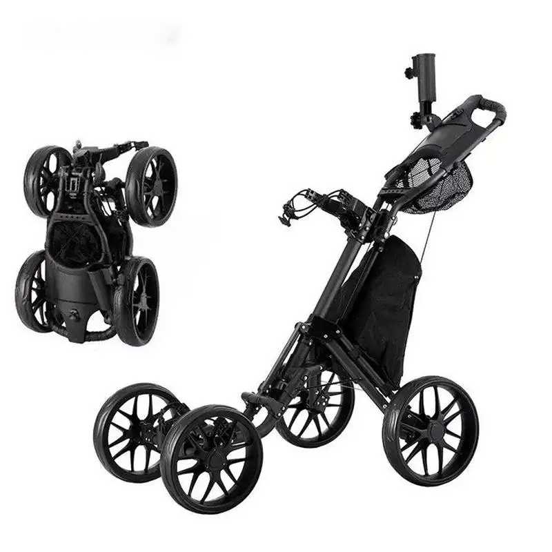 

Hot Selling 4-Wheel Aluminum Folding Golf Trolley with Height Adjustable Push Umbrella Holder Waterproof Golf Buggy