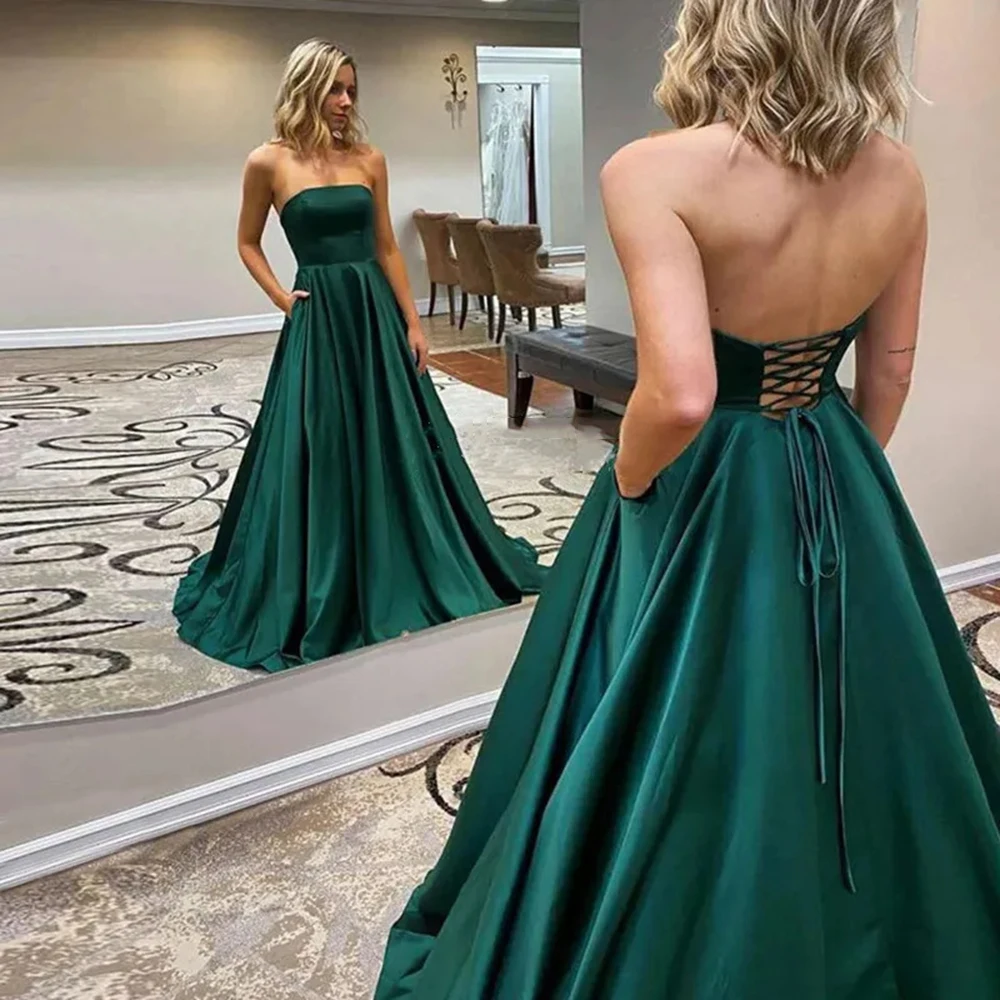 

Customized Elegant Fashion Simple Evening Dresses Strapless Sexy Backless Lace-up A-line Formal Party Gowns With Draped Pleat Go