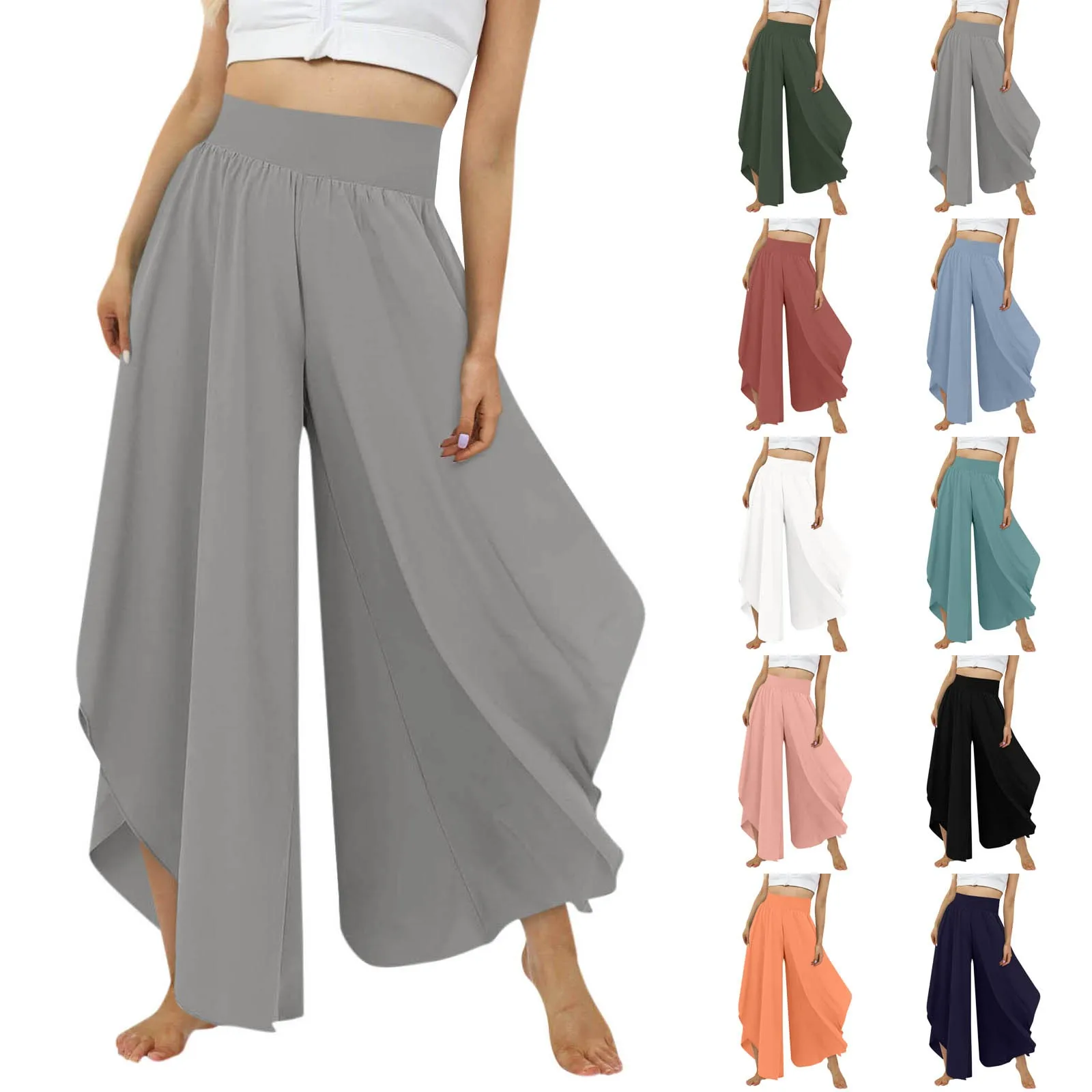 Women Culottes Skirt Pants High Elastic Waist Loose Irregular Hem Ankle Length Solid Color Soft Breathable Female Trousers