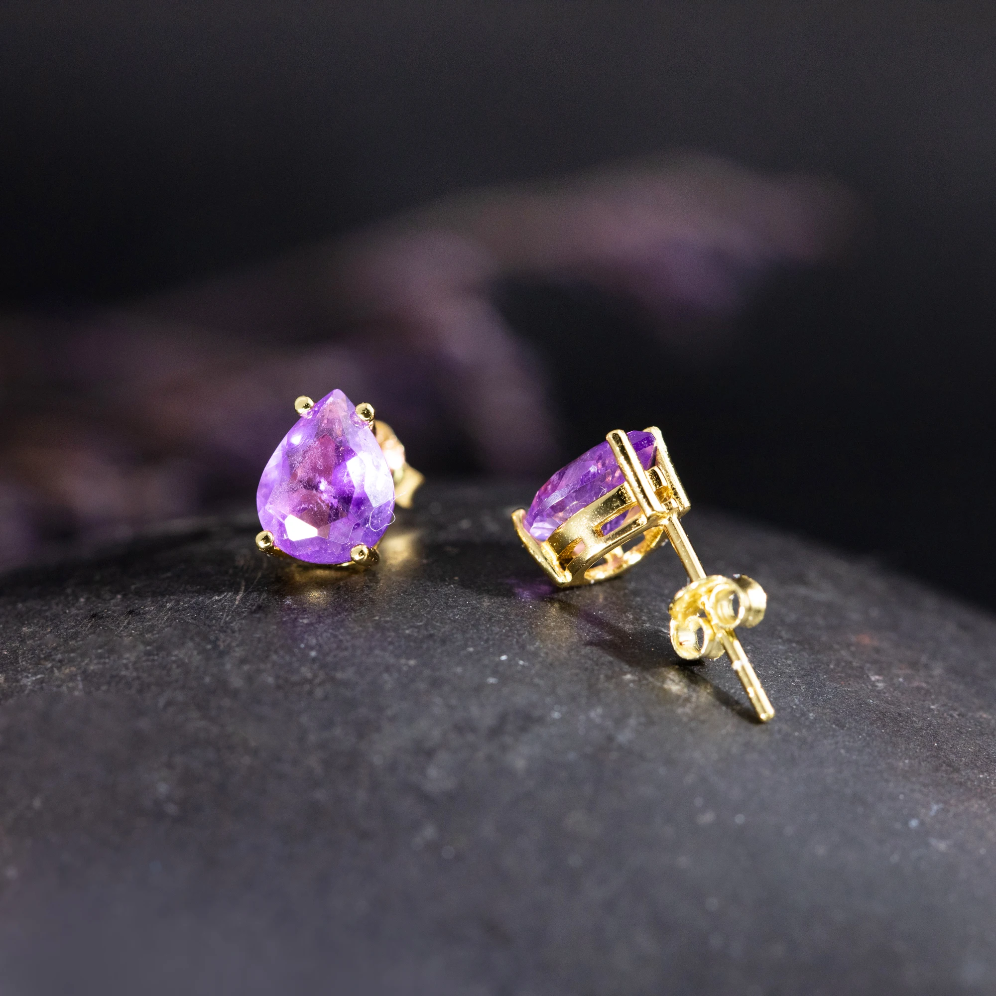 Minimalist Pear‑Shaped Amethyst Stud Earrings for Women, 925 Sterling Silver Base Gold Plated Natural Gemstone, Fine Wedding Jewelry, Ideal Birthday Party Anniversary Holiday Gift Accessories - view 2