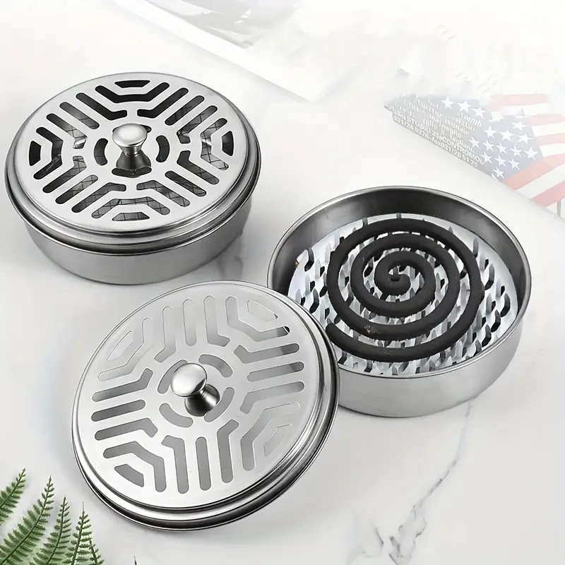 1Pc Stainless Steel Mosquito Coil Holder - Portable Home Use Mosquito Repellent Incense Burner Box with Lid and Handle