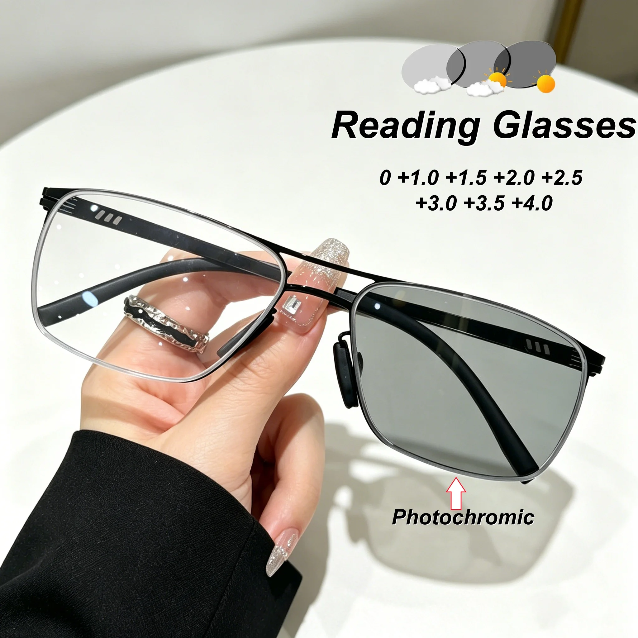

2026 New Fashion Metal Frame Photochromic Women's Reading Glasses Ultra Light Neutral High Quality Anti Blue Light Glasses