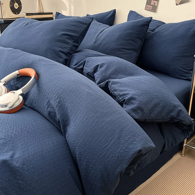 

Japanese solid color four-piece set, simple seersucker bed sheet quilt cover, dormitory four-piece set