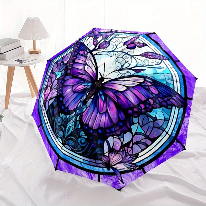 

Butterfly and Floral Stained Glass Design - An 8-Rib Umbrella with Plastic Handle, Auto-Open Folding Umbrella - Stylish Patter