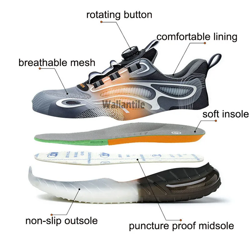 Sapatos de segurança Waliantile para homens, tênis para trabalho industrial à prova de punção masculina, renda anti-quebra, calçado de trabalho