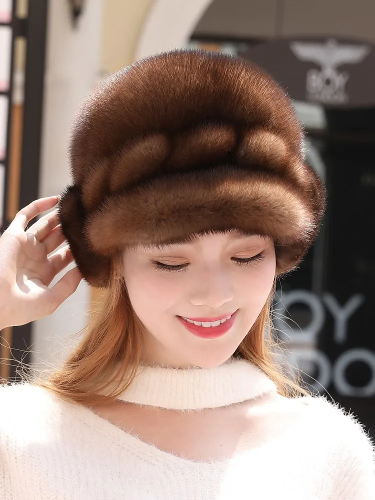 Leather hat ladies new old real fur whole day Mom