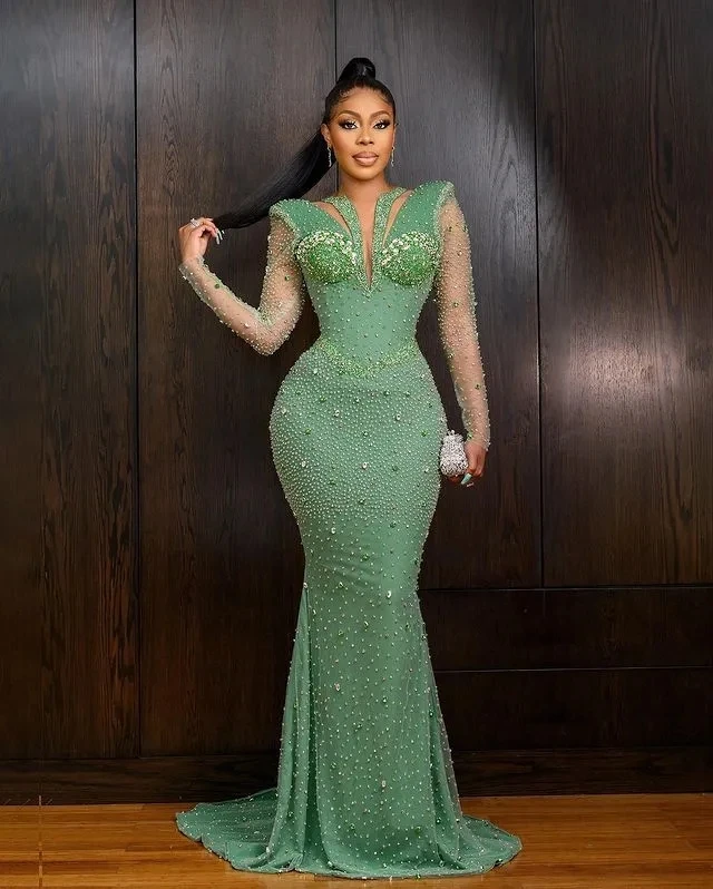 Green African Aso Ebi Evening Dresses Mermaid Long Sleeves Crystals Formal Party Gown Prom Dresses For Black Girls Customized image 3