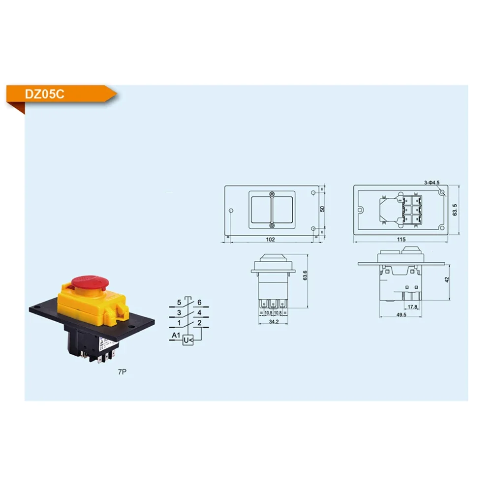 DKLD DZ05C IP55 380VAC 10A 7 دبابيس مقاومة للماء على إيقاف مفاتيح الضغط على زر الضغط الكهرومغناطيسي للآلة