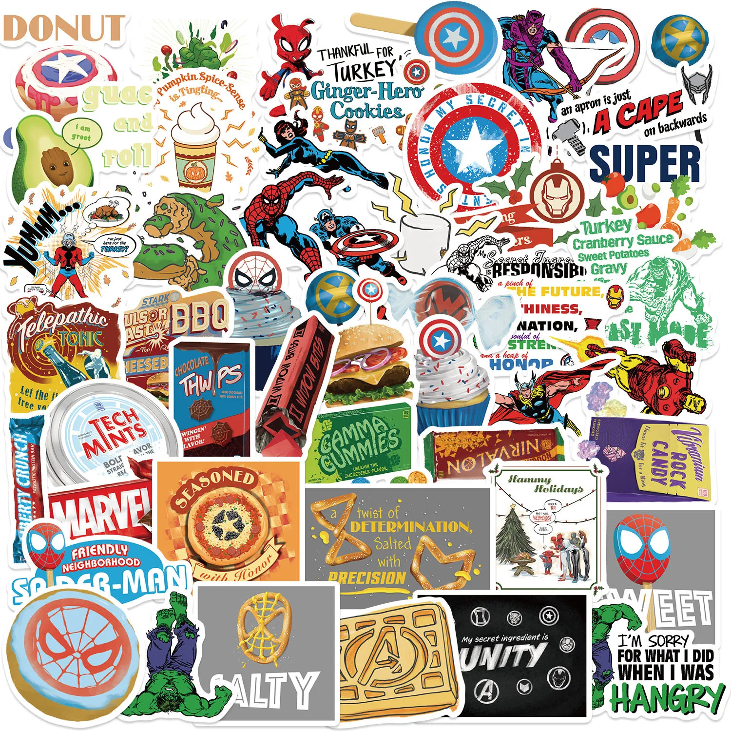 Autocollants de nourriture Disney Marvel Avengers Smile Hero, dessin animé graffiti, décoratif, tasse à eau, jouet de décalcomanie étanche, 10 pièces, 30 pièces, 50 pièces