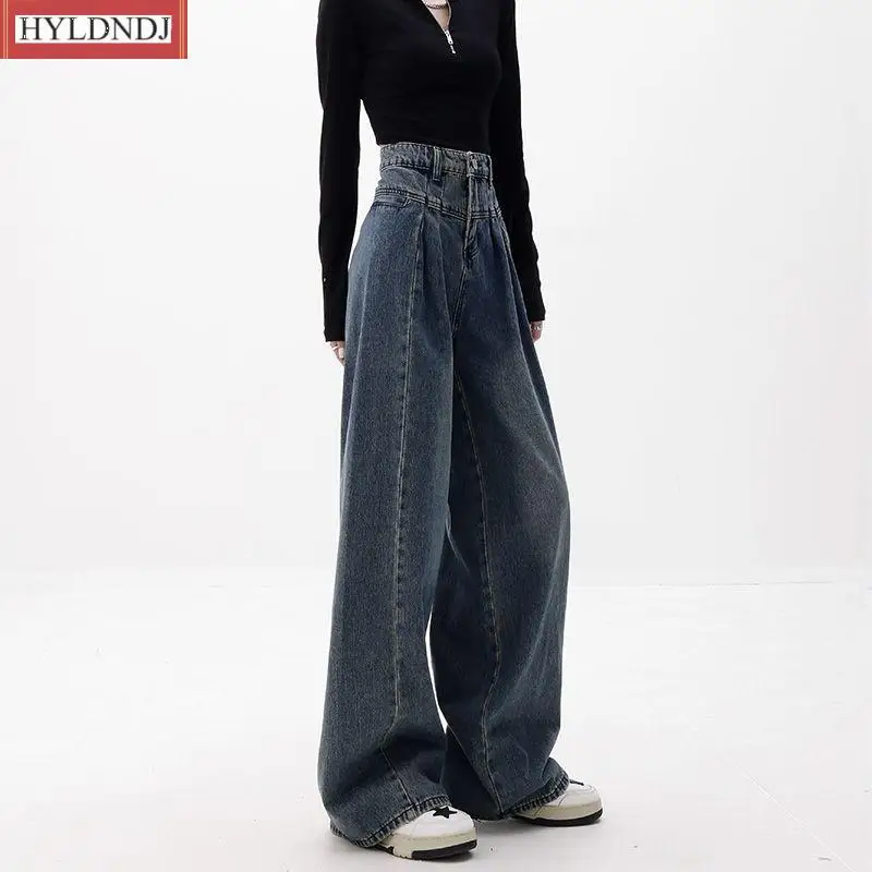 Retro yıkanmış yüksek bel gevşek geniş bacak mavi Denim pantolon yeni moda rahat ince pantolon pantolon pantolon kot pantolon Womens küçültmek