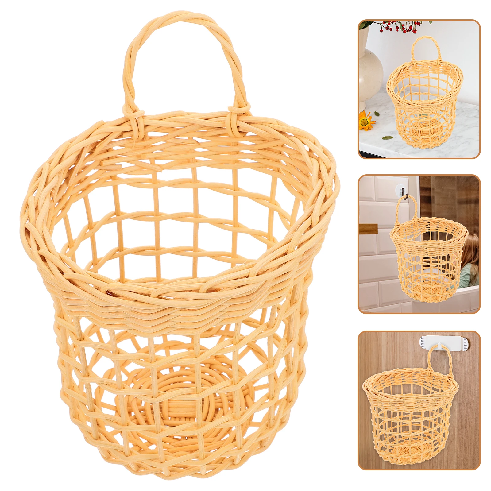 

1pc Rattan Woven Hanging Storage For Home Office Rattan Fruit Storage Basket Woven Basket Garden Hotel Decor White