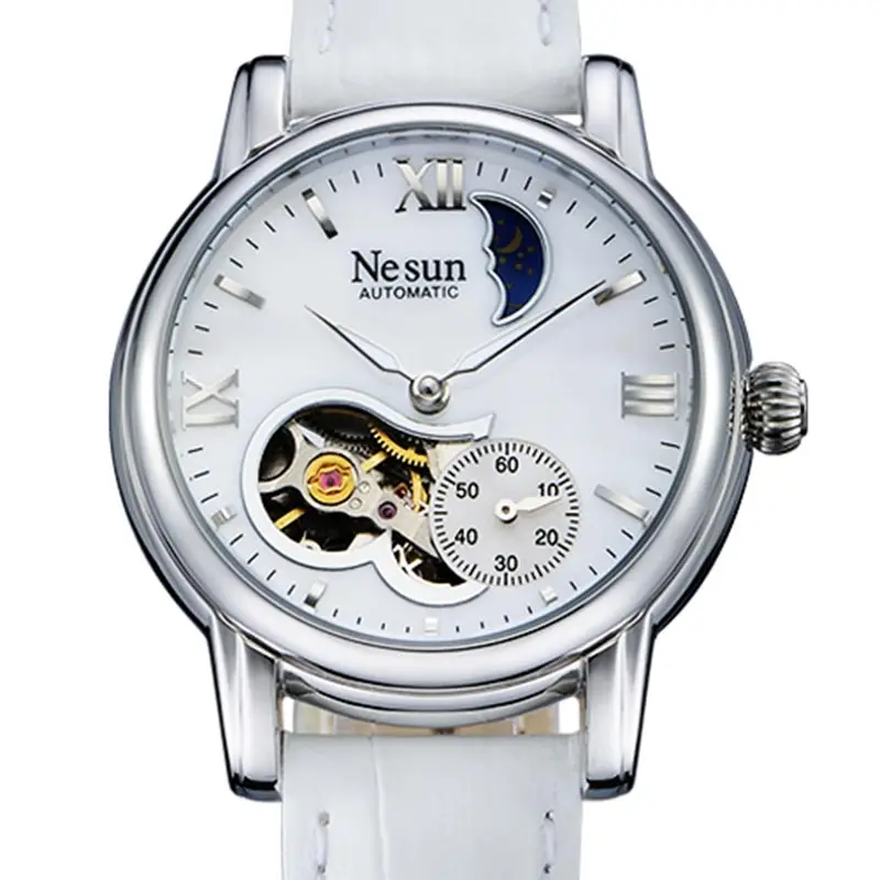 Switzerland Luxury Brand NESUN Hollow Automatic Mechanical Women's Watches Genuine Leather Moon Phase Clock Waterproof N9061L