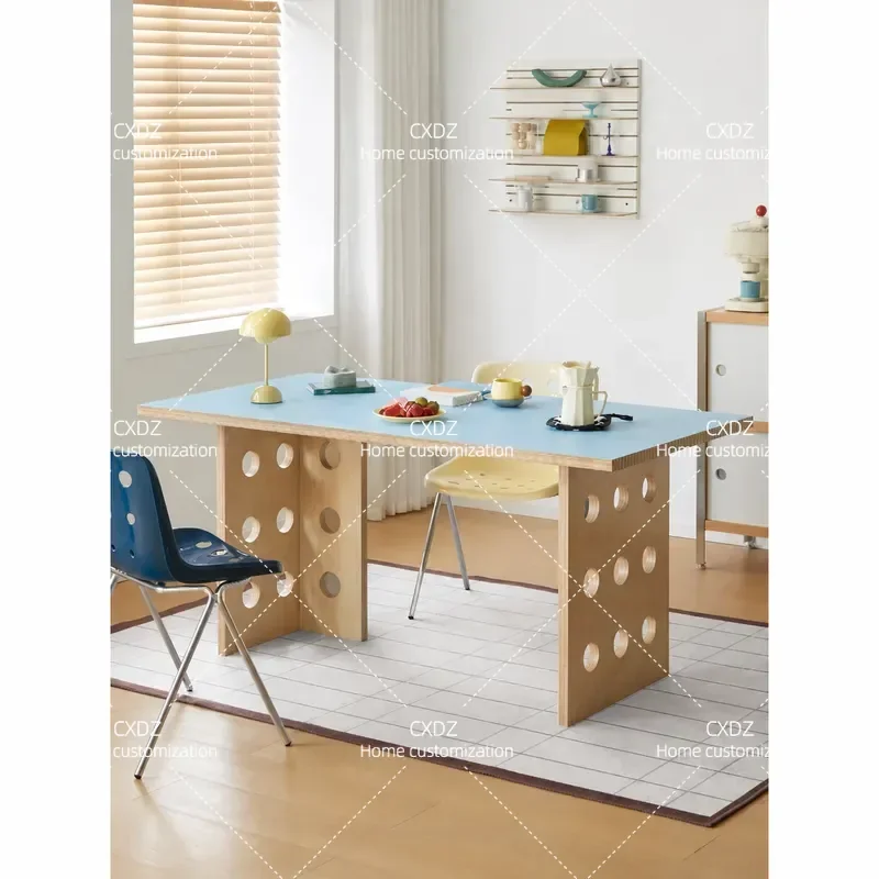 Medieval Rectangular Two Color Dopamine Dining Table Household Premium Solid Wood Desk Retro Nordic Simple Small Apartment