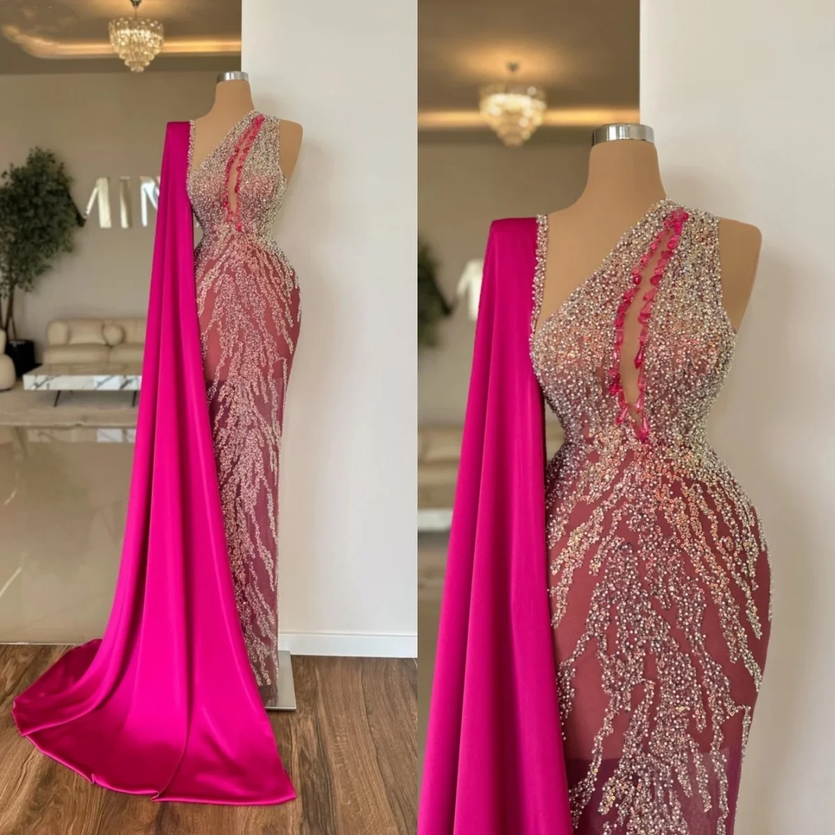 Modern Mermaid Prom Dress Sequins Beading Evening Gowns with Cape Sleeves One Shoulder Illusion Party Dress Custom Made