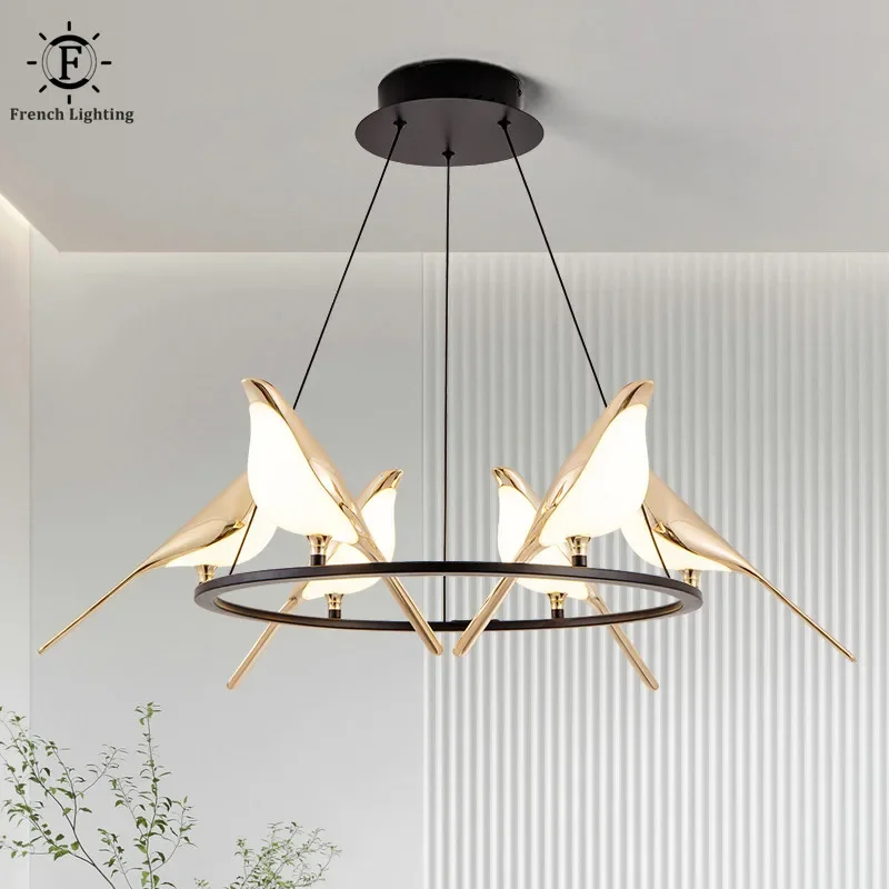 

LED Chandelier for Loft Living Room Restaurant Art Gold Magpie Bird Home Decoration Lighting Luminaire Suspension