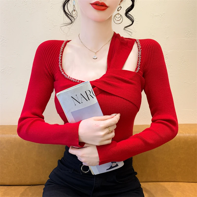 

2025,New,European,Clothes,Winter,Knitted,Sweater,Women,Fashion,Sexy,Hollow Out,Beading,Irregular,Tops,Long Sleeve,Pullover,41175