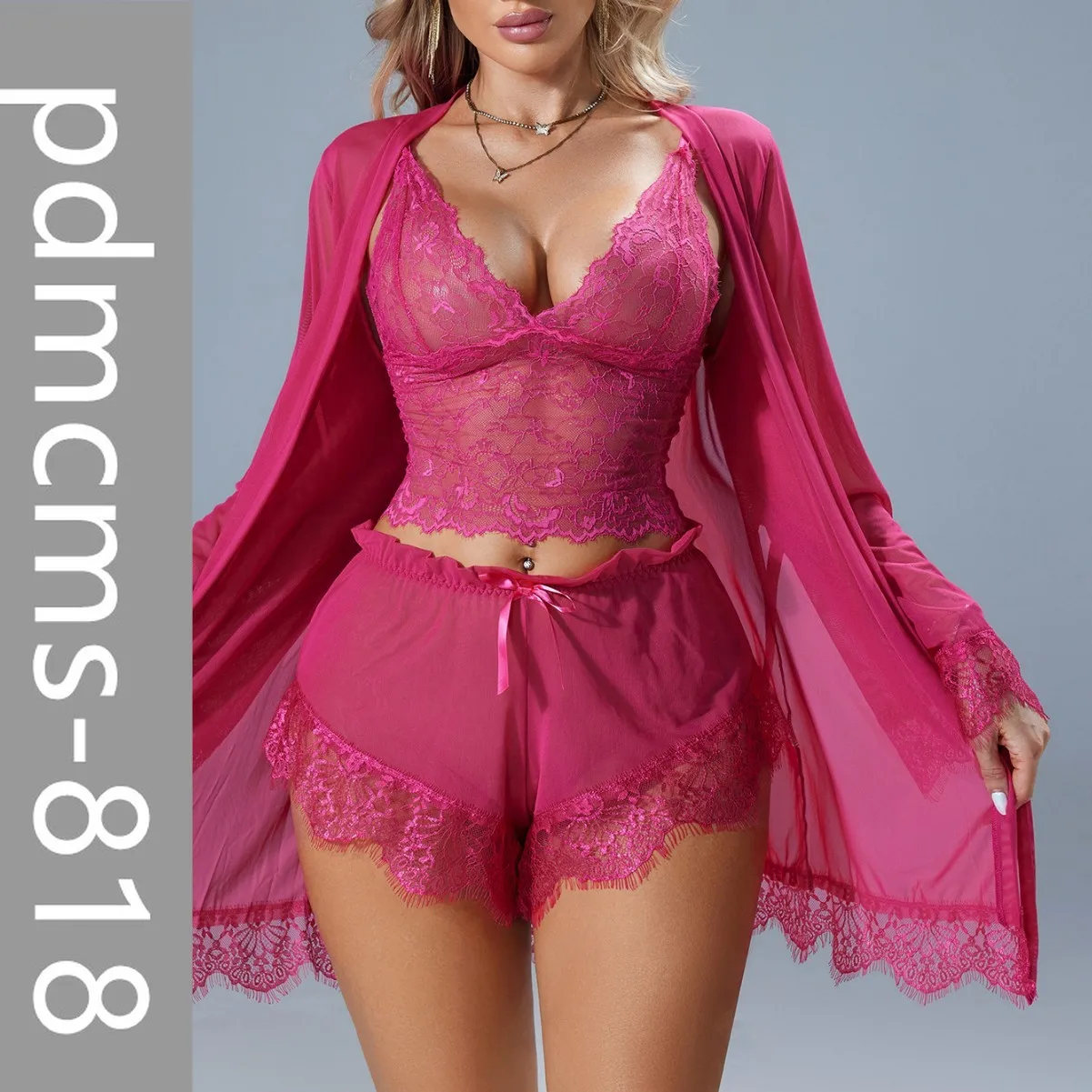 

Новая модель 2025, комплект сексуального нижнего белья, розово-красная сексуальная пижама свободного натяжения, униформа, искушение, комплект ночной рубашки из трех частей
