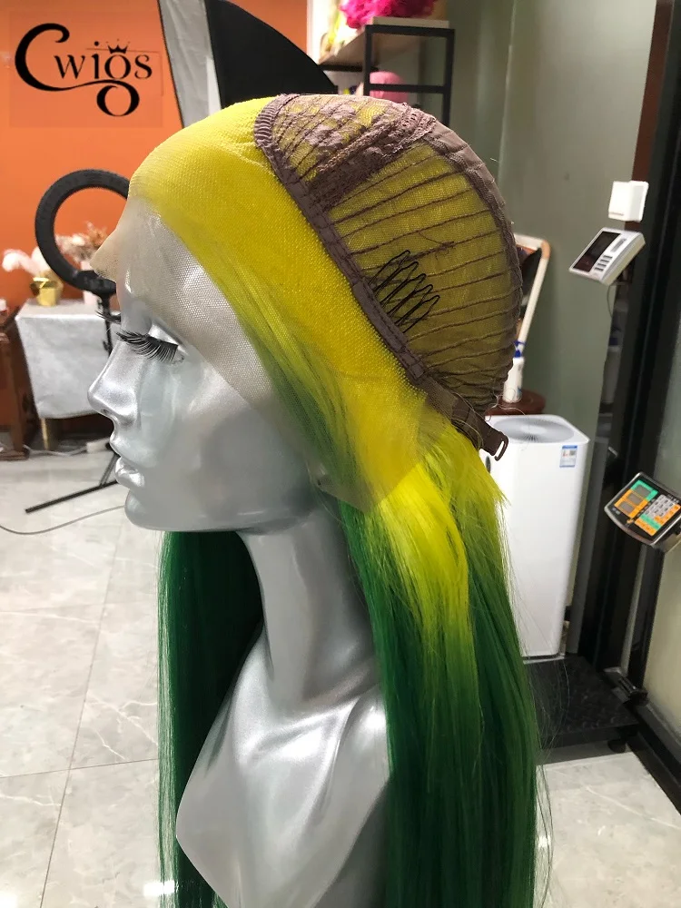 CWIGS Ombre Green Yellow Long Straight Synthetic Wig Lace Front Transparent Glueless 180 Density For Women Drag Queen Cosplay