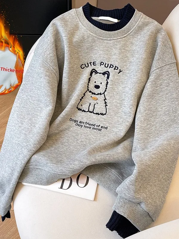 

Heavy Embroidery round Ne Sweatirt Women's Autumn Winter Thiened Loose Casual Sle Fce Lined Fake Two-Piece Top