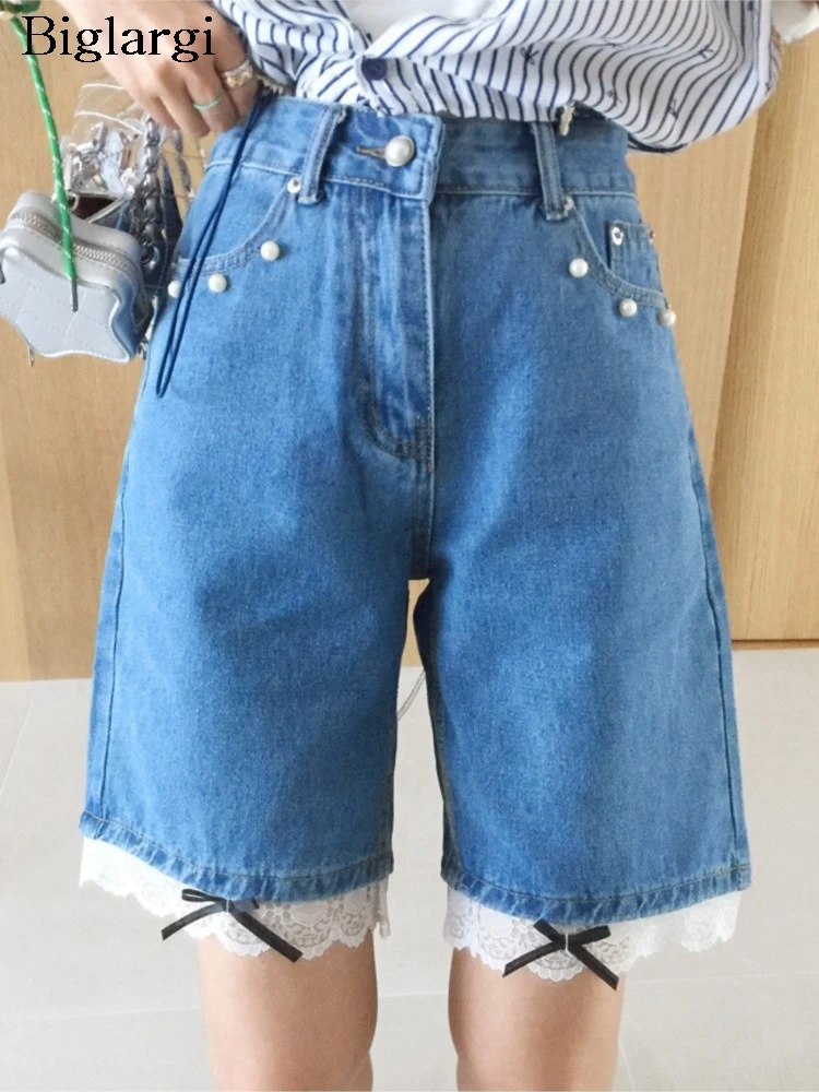 

Jeans High Waist Summer Shorts Women Pearl Fashion Lace Patchwork Wide Leg Ladies Trousers Loose Pleated Woman Shorts