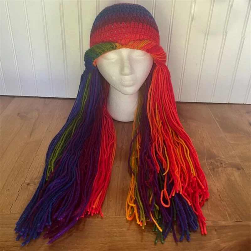 New Handmade crocheted Rainbow yarn wig dress up hat Halloween cosplay costume hat yarn wig For adult children pride Rainbow hat