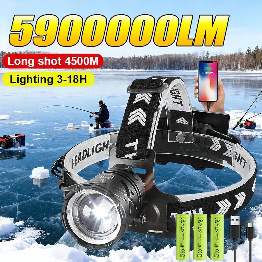 

Сверхмощный светодиодный налобный фонарь 5900000LM Перезаряжаемый сверхяркий налобный фонарик с зумом дальнего действия 4500 м Рыбалка Кемпинг Охота Передний светодиодный налобный фонарь