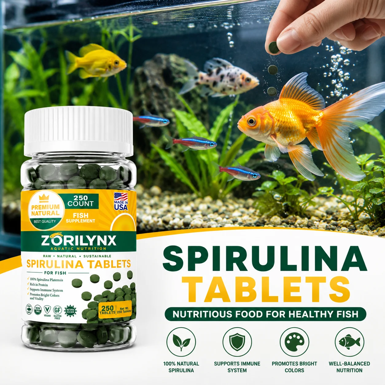 1250 tabletas de espirulina de alta pureza, alimento enriquecido con algas espirales para mascotas, comida favorita para peces, camarones rojos cristalinos, alimento para peces de acuario