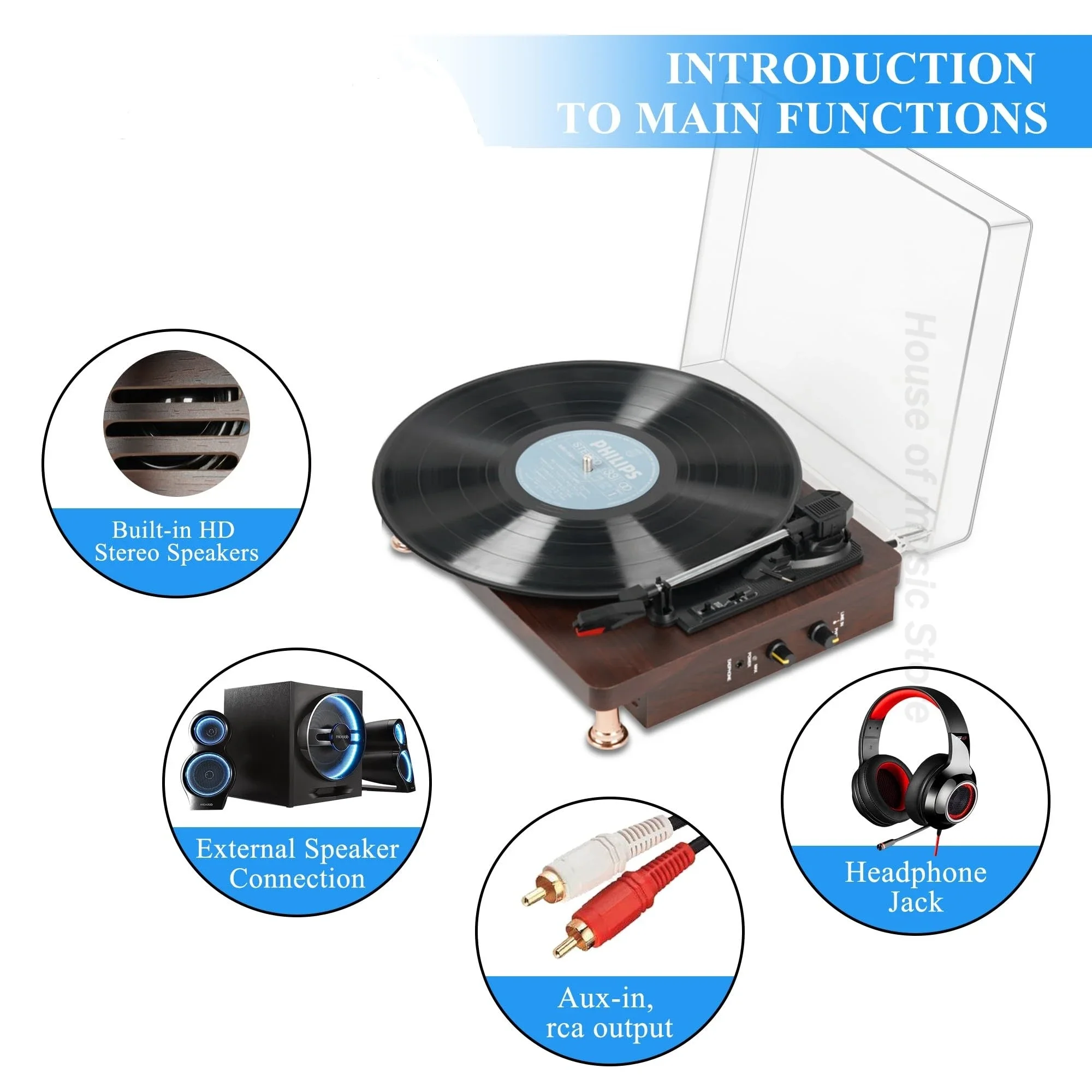 مشغل تسجيل القرص الدوار الشهير المتكلم الفونوغراف مشغل تسجيلات من الفينيل متعدد الوظائف المنزل سمّاعات بلوتوث آلة متكاملة