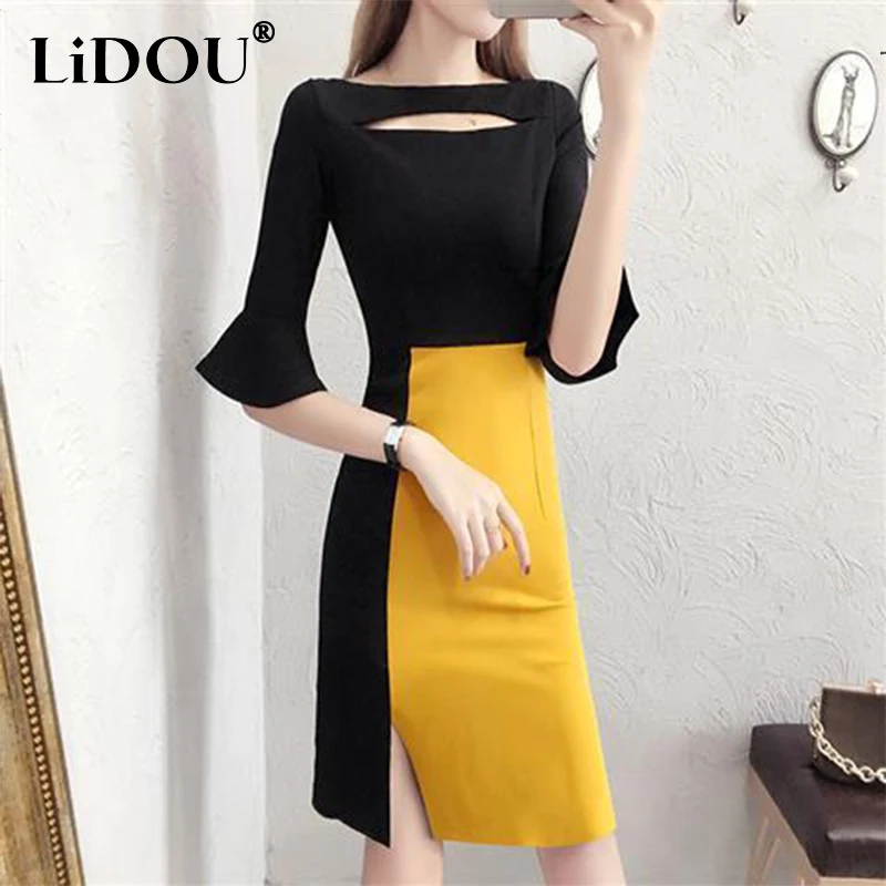 2022 Summer One Word Collar Elegant Fashion Patchwork Bodycon Dresses Office Lady Flare Sleeve Temperament Evening Party Dress