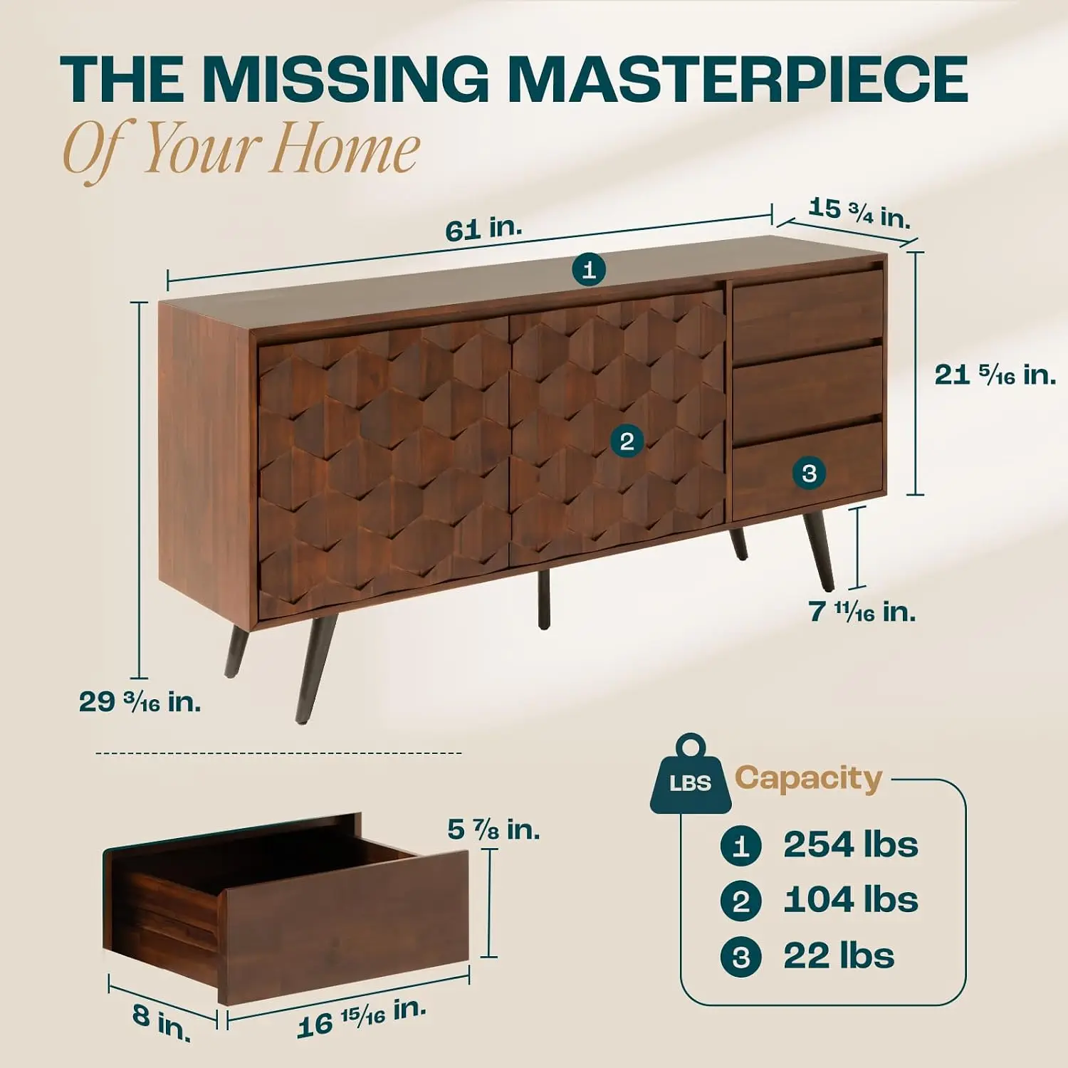 Solid Wood Sideboard 2 Doors & 3 Drawers, 61