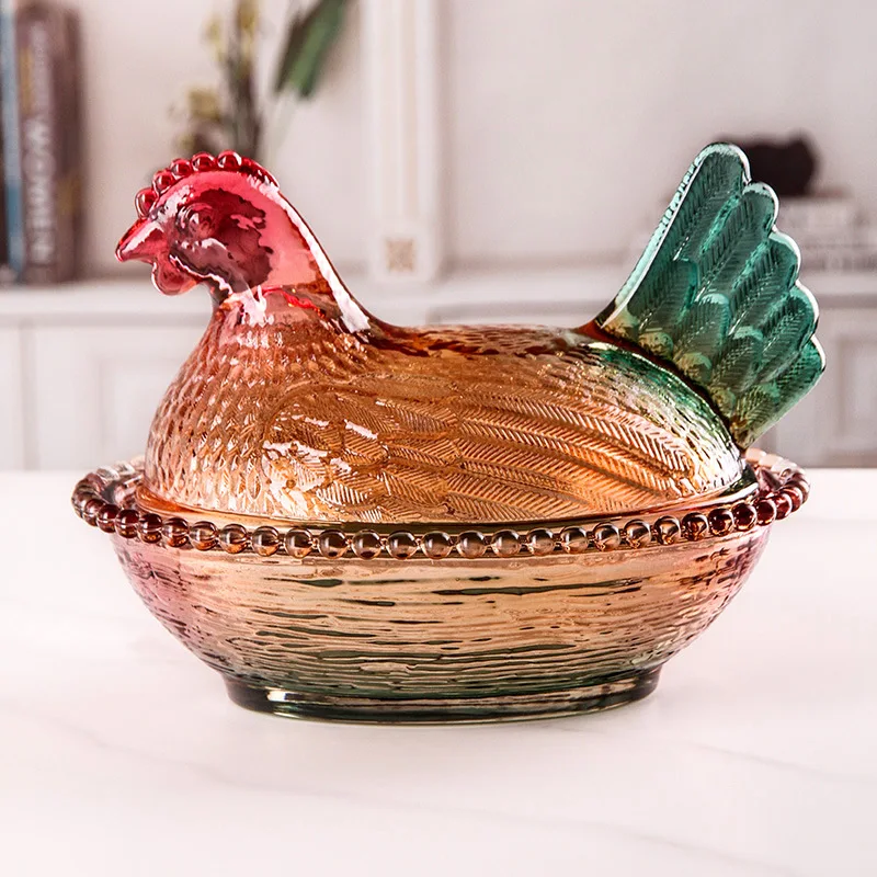 Creative Glass Fruit Bowl with Colorful Glass Hen Brooding Design Candy Storage & Fruit Dish Kitchen Table Decor Home Gift