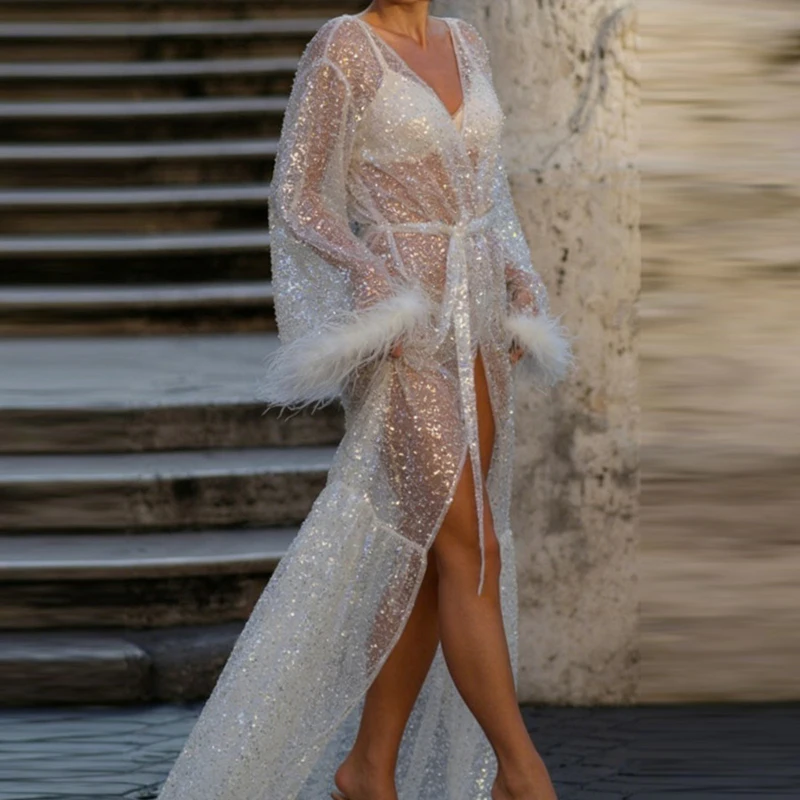Shiny Sequin Long Sleeved Robe Casual Tied Waist Cinch Beach Sunscreen Cover Up Sexy V-Neck See Through Feather Splice Cardigans