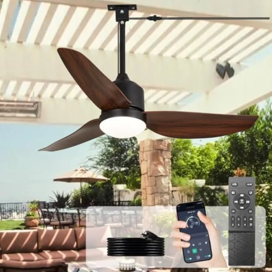 

Ceiling Fan with Light Outdoor: Black Walnut Gazebo Fans Remote App Control for Patio Indoor Farmhouse - 42 Inch Plug in Waterp