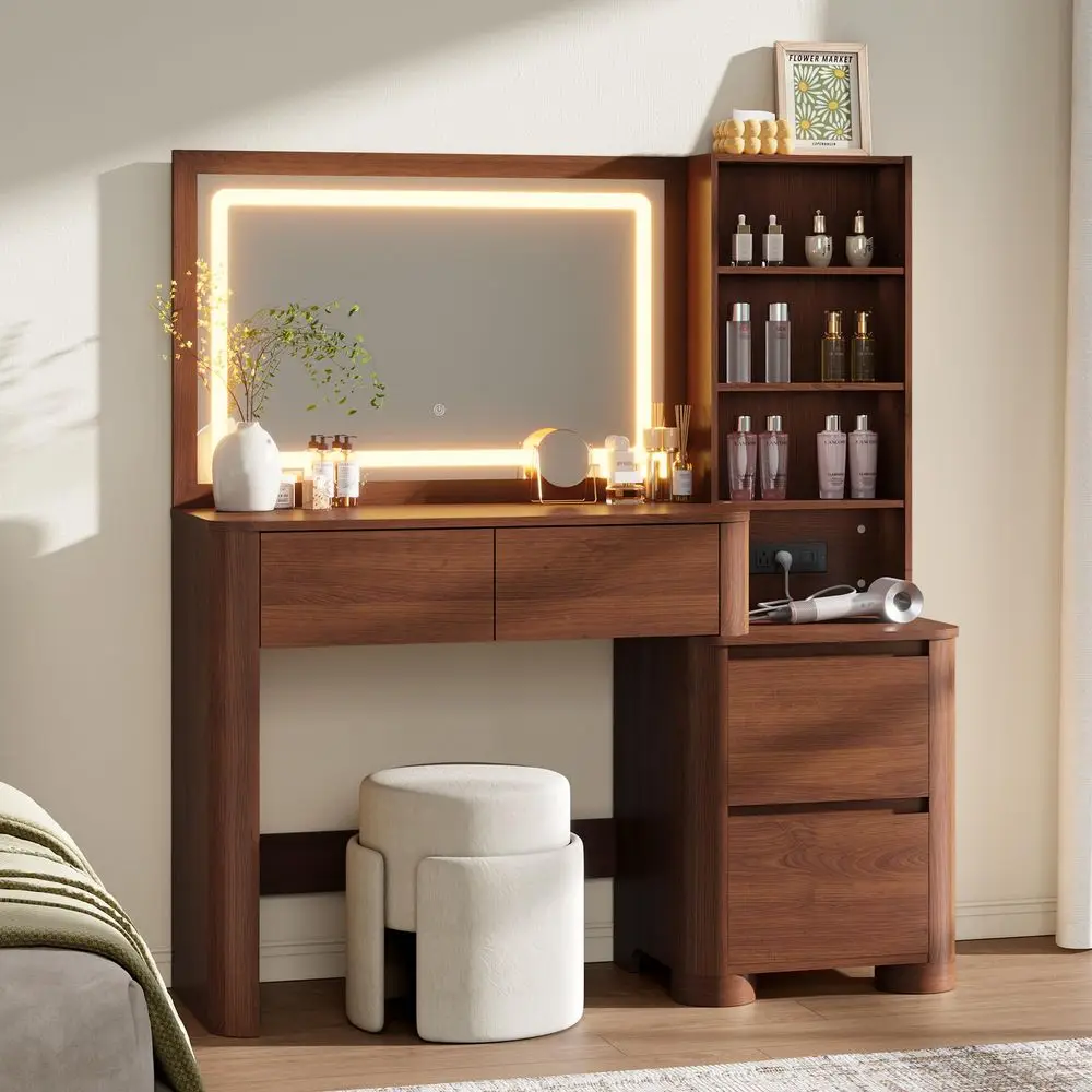 50 Makeup Vanity Desk with 36 HD Mirror and Lights, Walnut 3 Color Modes amp Dimmable, USB TypeC AC Outlets, Thickened Cylindri